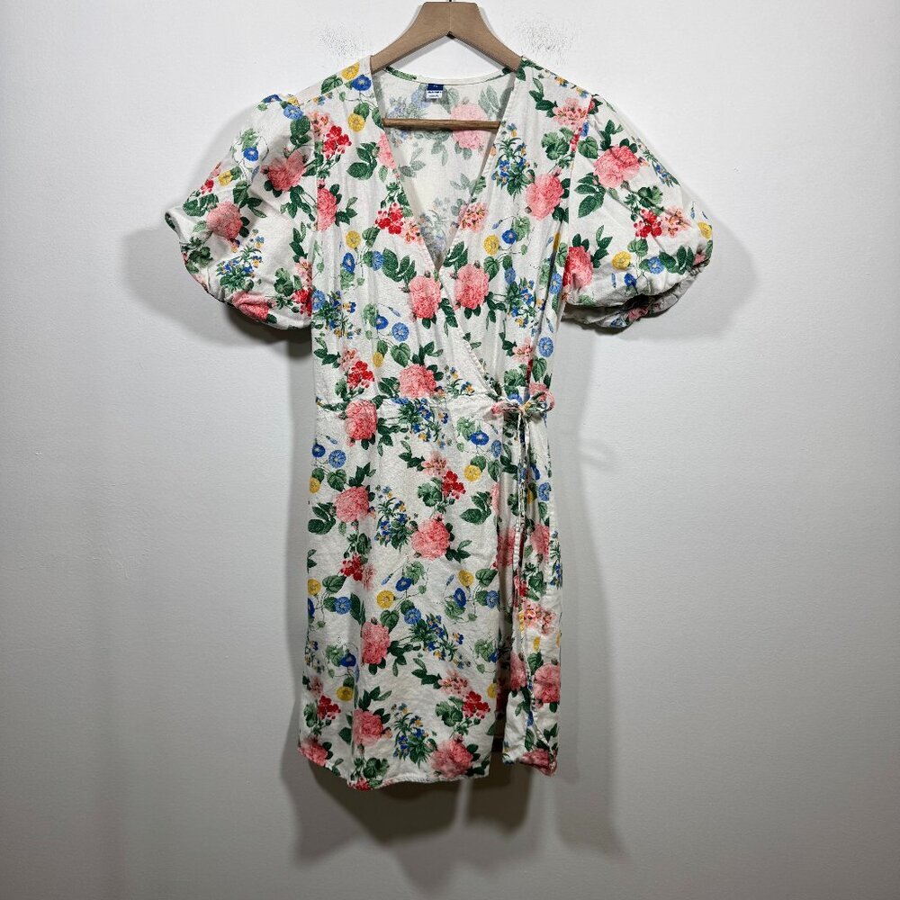 Old Navy Floral puff Sleeve Mini Wrapped Dress Women’s XL Linen Blend Cottage - Picture 4 of 10